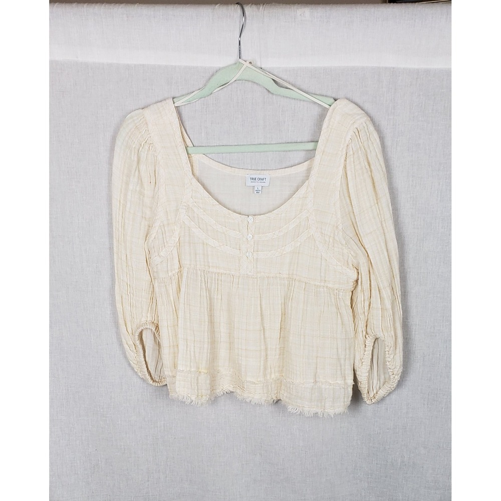 TRUE CRAFT Baby Doll Blouse Top‎ L Ivory Textured Striped Gauze Boho Raw Hem